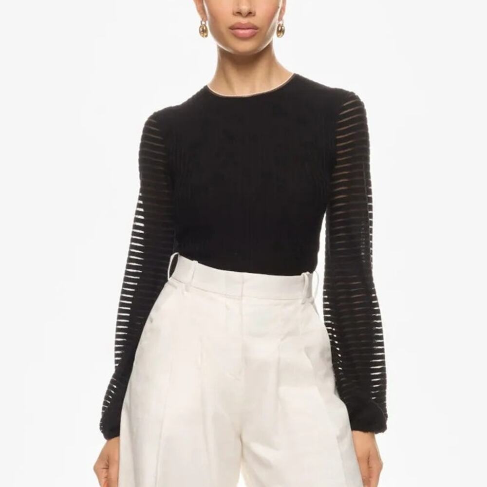 Roksanda Tie Puff Sleeve Top Sheer Ribbed Long Sleeves Crewneck Blouse Black L